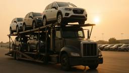 A multi car auto hauler trailer loaded with vehicles on both decks at a dealership delivery yard