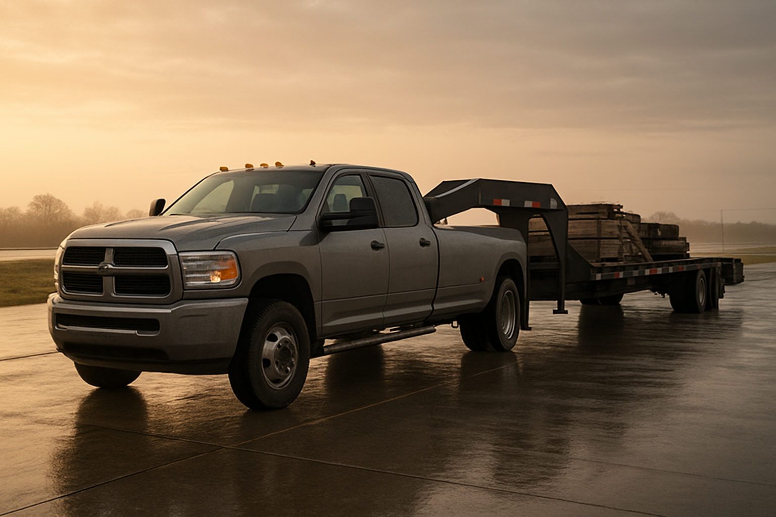A one ton dually pickup truck hitched to a loaded gooseneck flatbed trailer at a rural highway shoulder