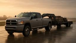 A one ton dually pickup truck hitched to a loaded gooseneck flatbed trailer at a rural highway shoulder