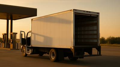A straight box truck with its roll up rear door raised at a commercial loading bay