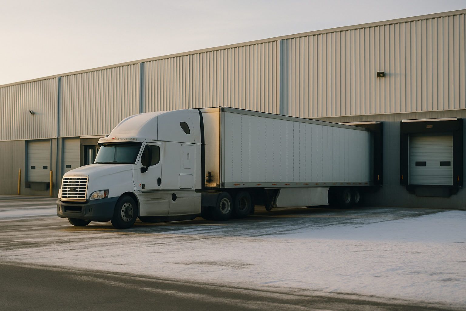 A conventional sleeper tractor coupled to a dry van trailer at a warehouse loading dock with the trailer backed in