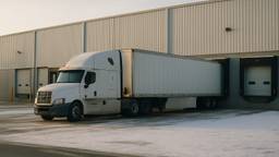 A conventional sleeper tractor coupled to a dry van trailer at a warehouse loading dock with the trailer backed in