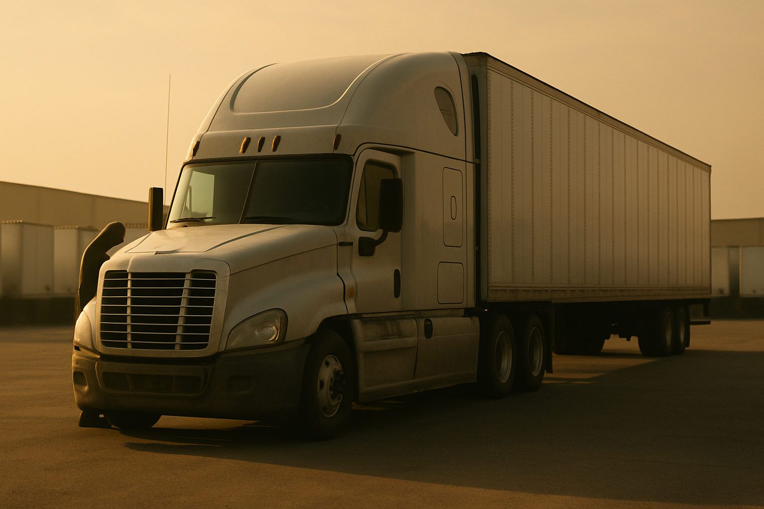 Sleeper tractor and dry van trailer parked in a distribution yard