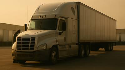 Sleeper tractor and dry van trailer parked in a distribution yard