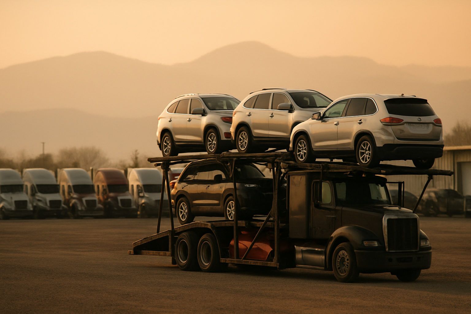 A multi car auto hauler trailer loaded with vehicles on both decks at a dealership delivery yard