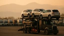 A multi car auto hauler trailer loaded with vehicles on both decks at a dealership delivery yard