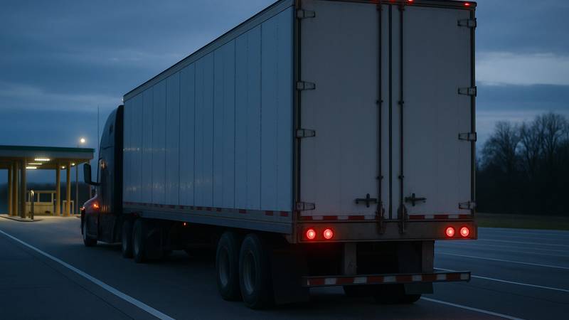 A conventional sleeper tractor coupled to a dry van trailer at a state weigh station approach lane