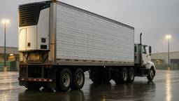 A refrigerated trailer with its reefer unit running, coupled to a day cab tractor at a produce distribution yard