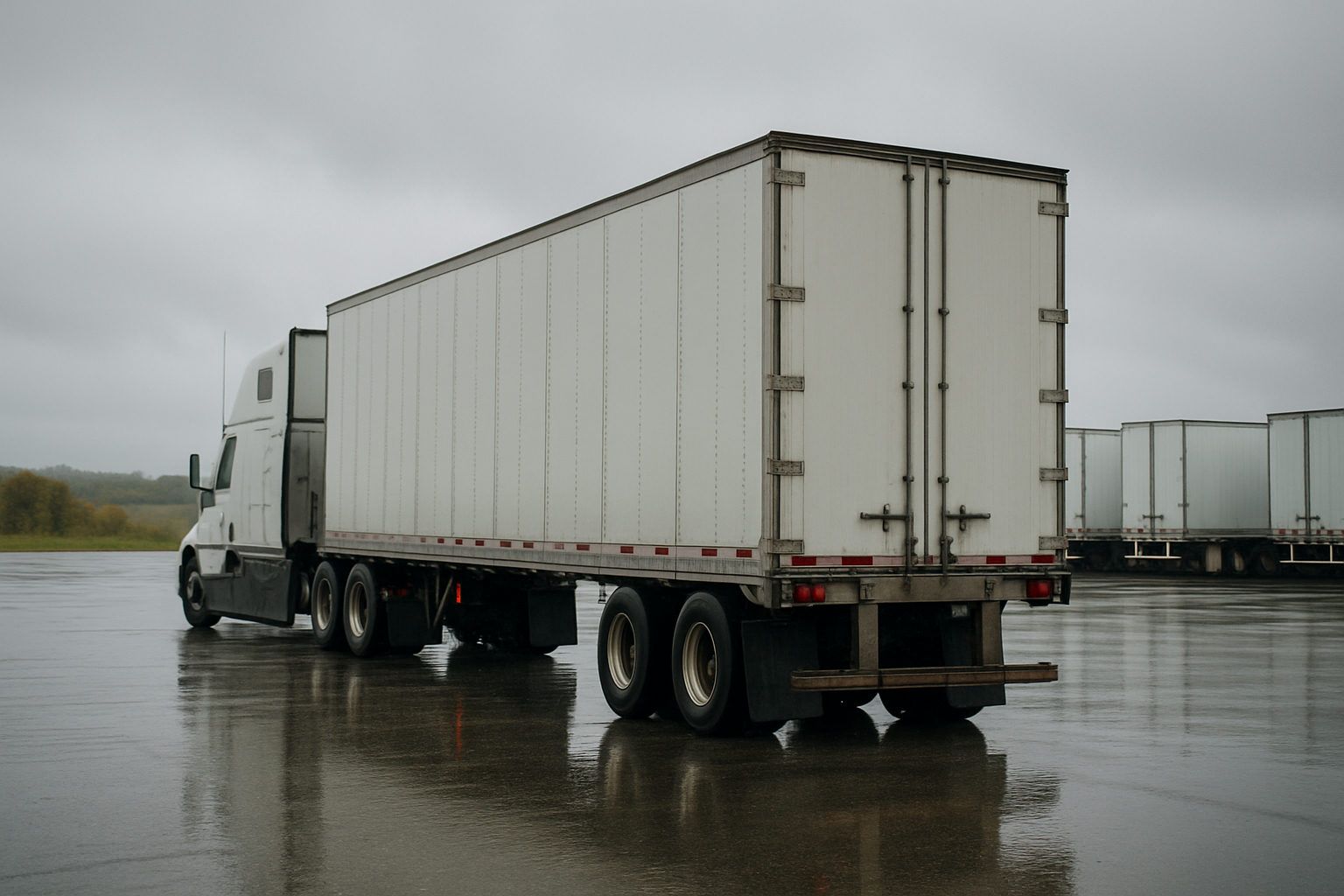 A conventional sleeper tractor coupled to a dry van trailer at a distribution center yard with trailers lined up in rows
