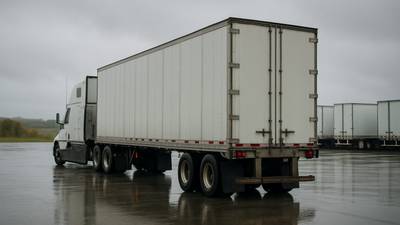 A conventional sleeper tractor coupled to a dry van trailer at a distribution center yard with trailers lined up in rows