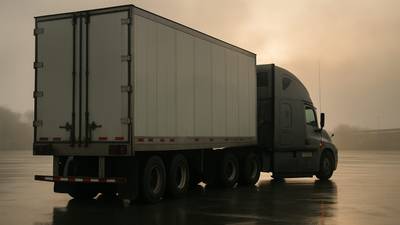 A conventional sleeper tractor coupled to a dry van trailer at a rain wet carrier yard early in the morning