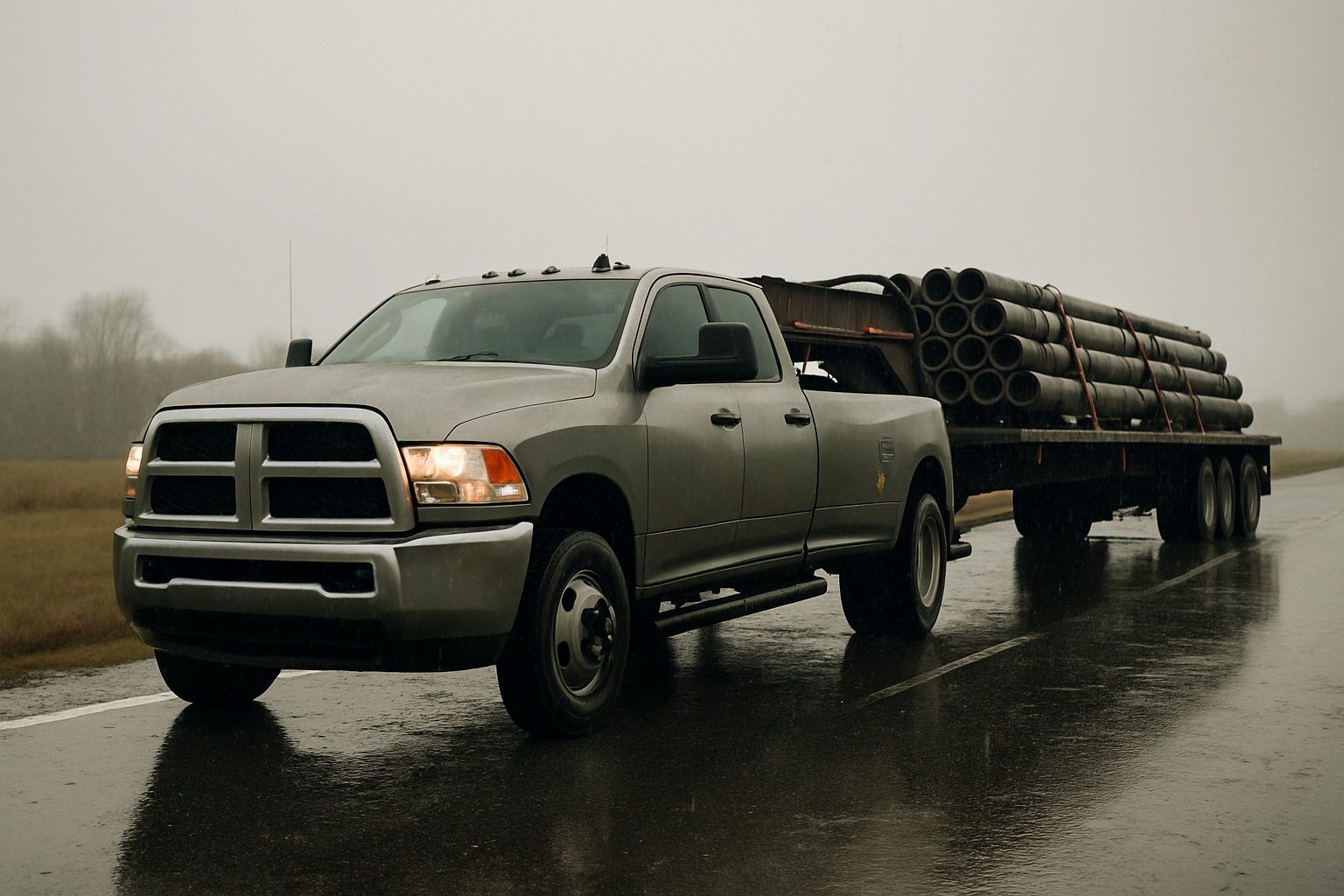 A one ton dually pickup truck hitched to a loaded gooseneck flatbed trailer at a rural highway shoulder