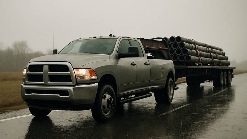 A one ton dually pickup truck hitched to a loaded gooseneck flatbed trailer at a rural highway shoulder
