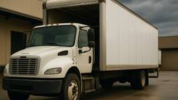 A straight box truck with its roll up rear door raised at a commercial loading bay