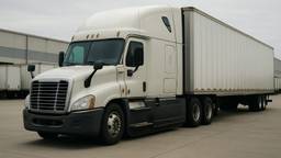 A conventional sleeper tractor coupled to a dry van trailer at a distribution center yard with trailers lined up in rows