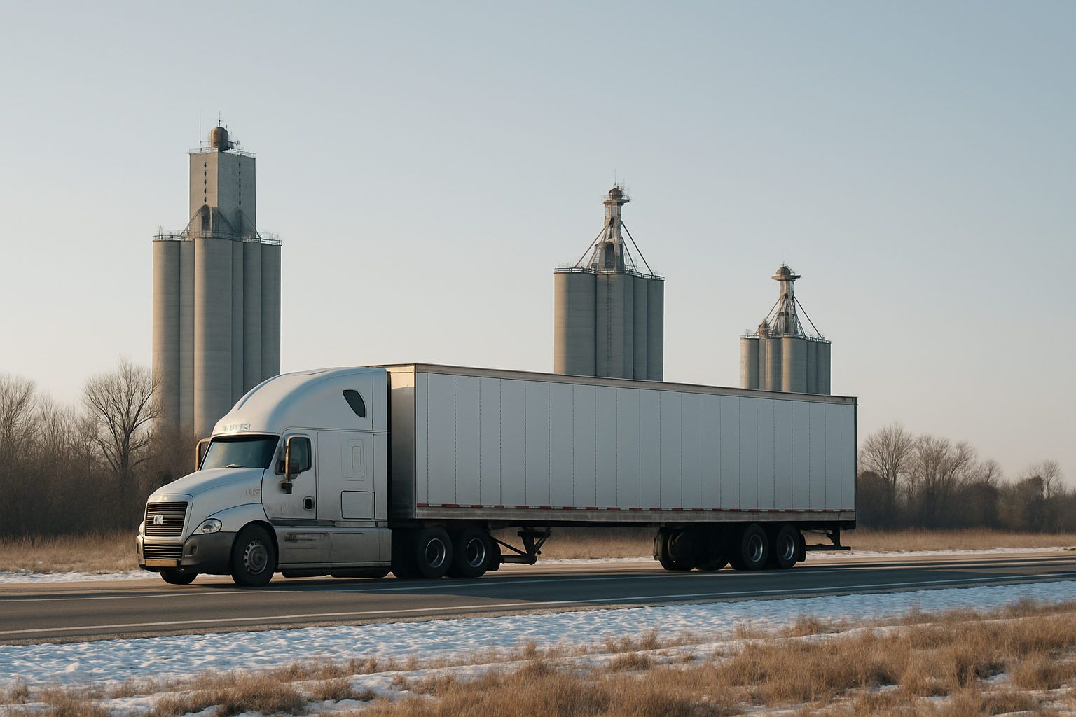 A conventional sleeper tractor coupled to a dry van trailer at a rural two lane highway with grain elevators behind