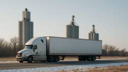 A conventional sleeper tractor coupled to a dry van trailer at a rural two lane highway with grain elevators behind
