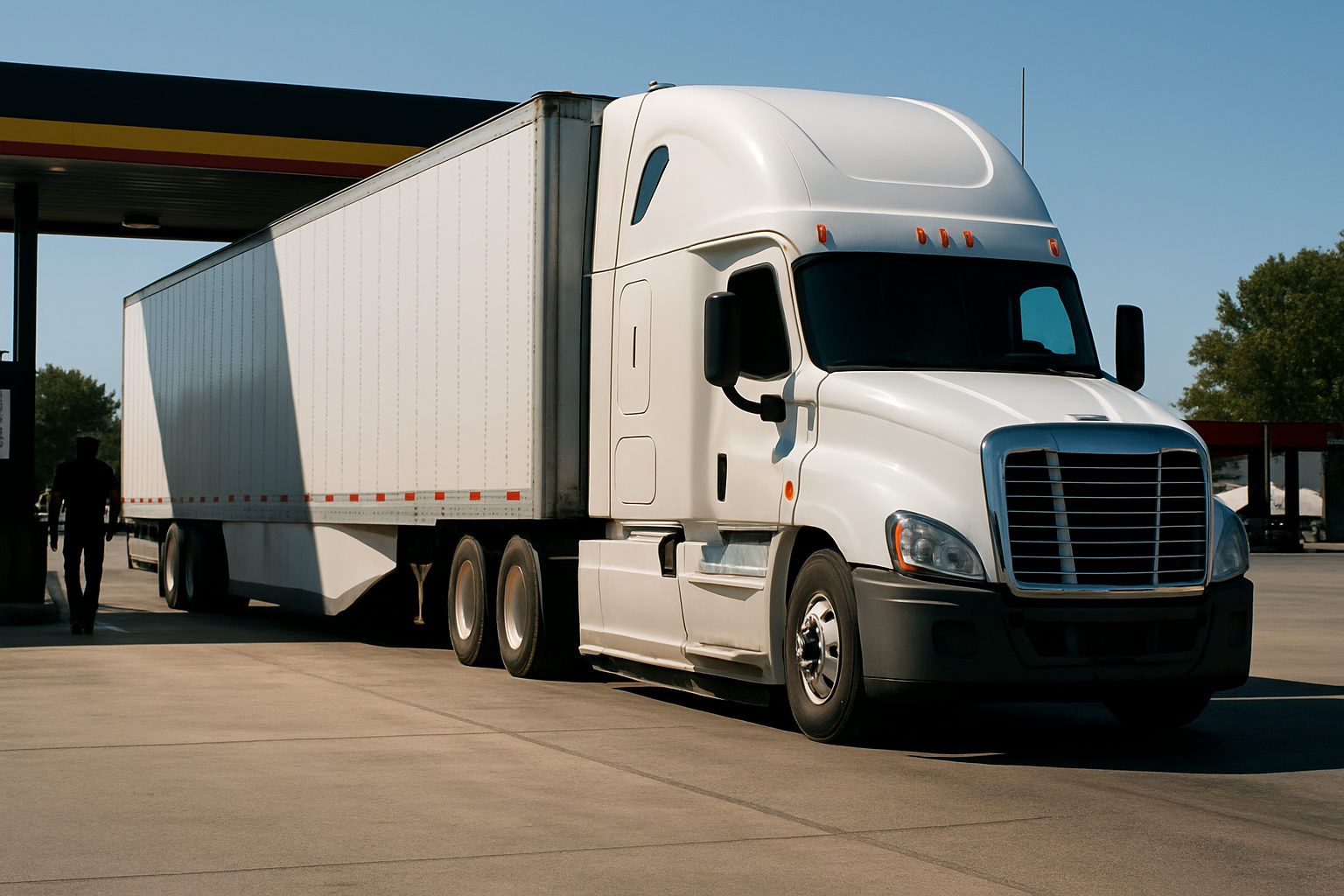 A conventional sleeper tractor coupled to a dry van trailer at a fuel island at a highway truck stop