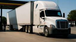 A conventional sleeper tractor coupled to a dry van trailer at a fuel island at a highway truck stop