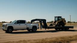 A one ton dually pickup truck hitched to a loaded gooseneck flatbed trailer at a rural highway shoulder