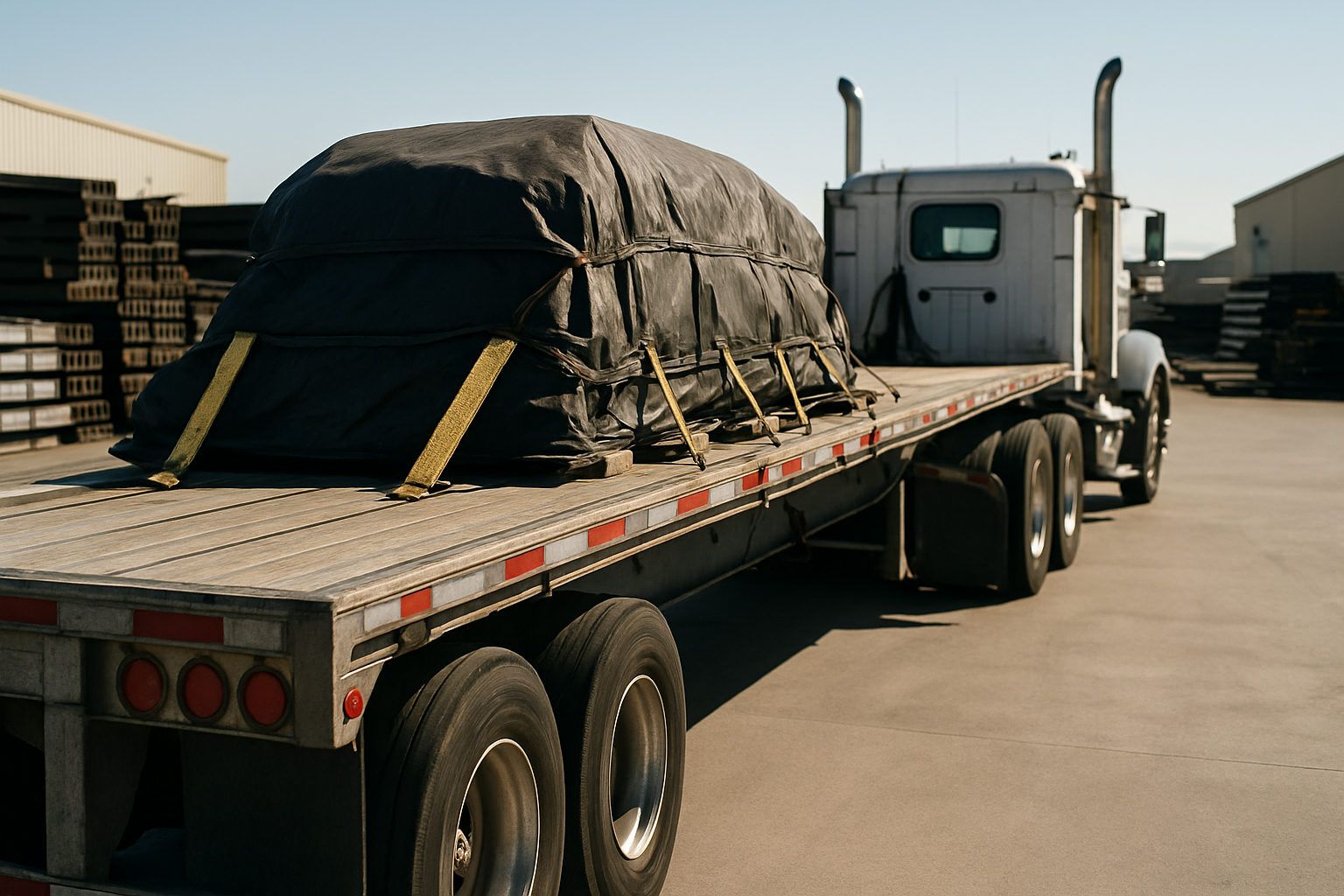 A flatbed trailer carrying strapped and tarped freight behind a conventional tractor at a steel yard