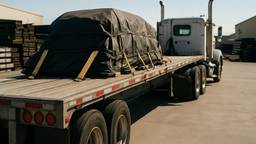A flatbed trailer carrying strapped and tarped freight behind a conventional tractor at a steel yard