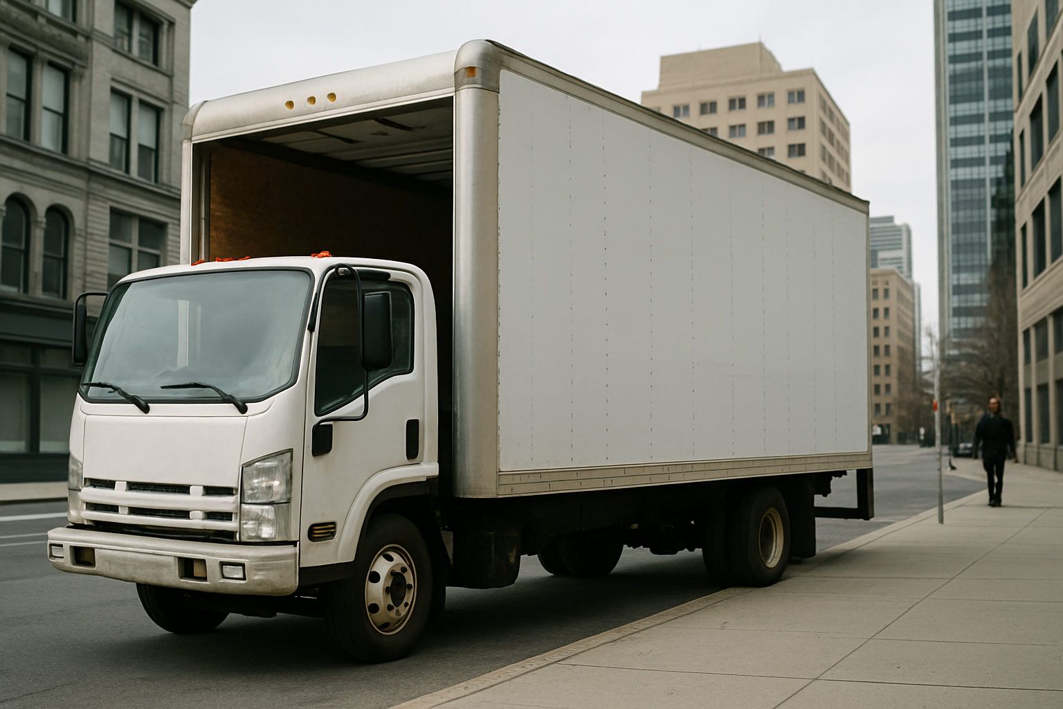 A straight box truck with its roll up rear door raised at a city delivery curb