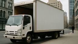 A straight box truck with its roll up rear door raised at a city delivery curb
