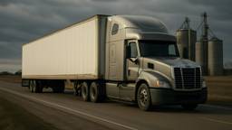 A conventional sleeper tractor coupled to a dry van trailer at a rural two lane highway with grain elevators behind