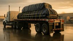 A flatbed trailer carrying strapped and tarped freight behind a conventional tractor at a construction supply lot