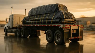 A flatbed trailer carrying strapped and tarped freight behind a conventional tractor at a construction supply lot