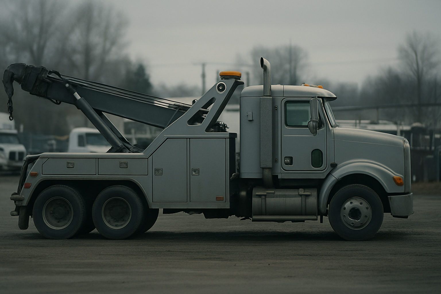 A heavy duty wrecker with its boom stowed at a recovery yard