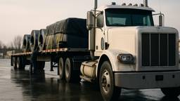 A flatbed trailer carrying strapped and tarped freight behind a conventional tractor at a construction supply lot
