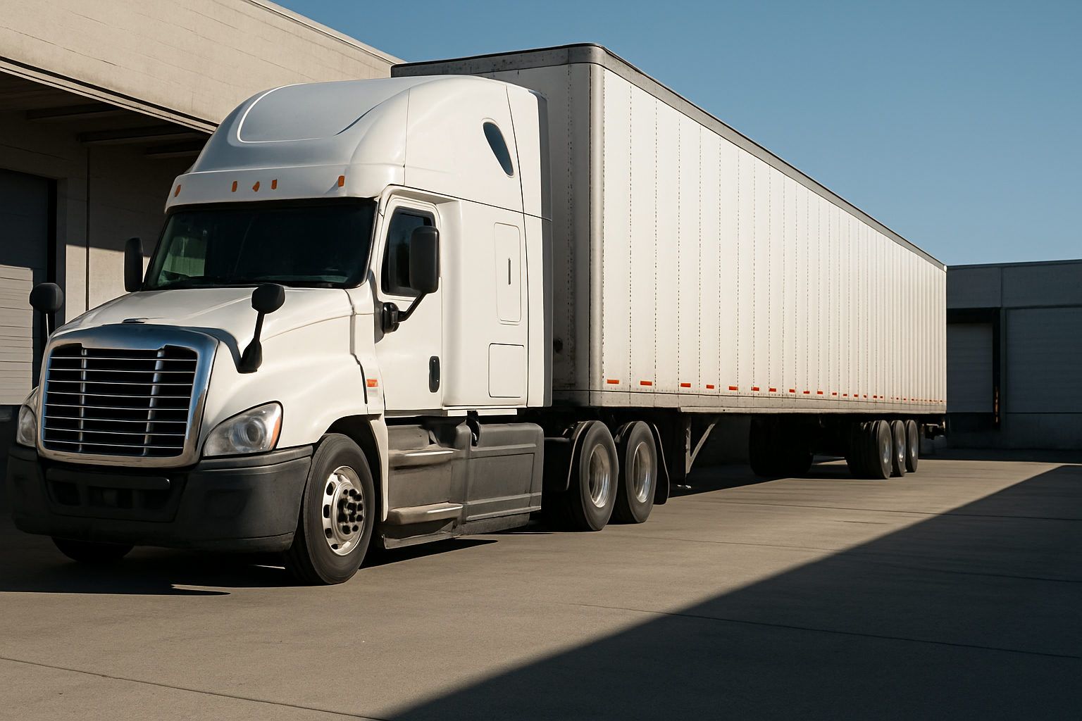 A conventional sleeper tractor coupled to a dry van trailer at a warehouse loading dock with the trailer backed in