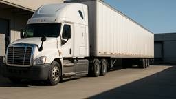 A conventional sleeper tractor coupled to a dry van trailer at a warehouse loading dock with the trailer backed in