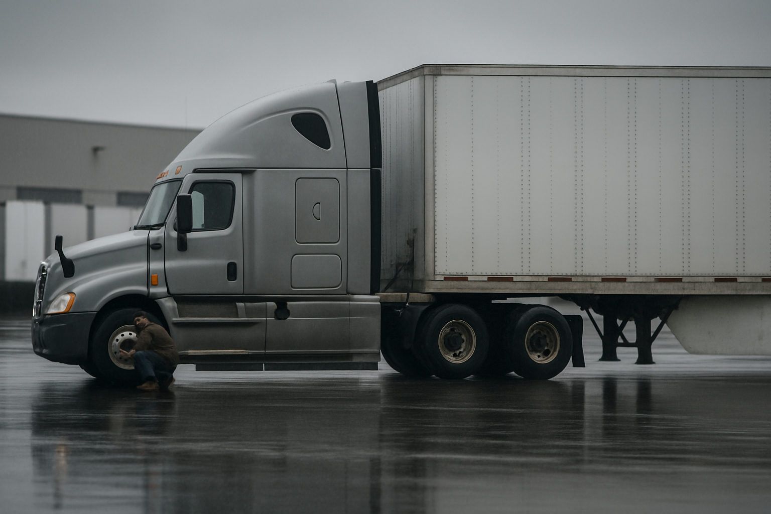 A conventional sleeper tractor coupled to a dry van trailer at a distribution center yard with trailers lined up in rows