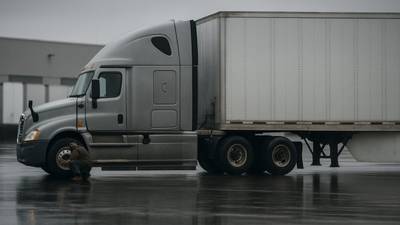 A conventional sleeper tractor coupled to a dry van trailer at a distribution center yard with trailers lined up in rows