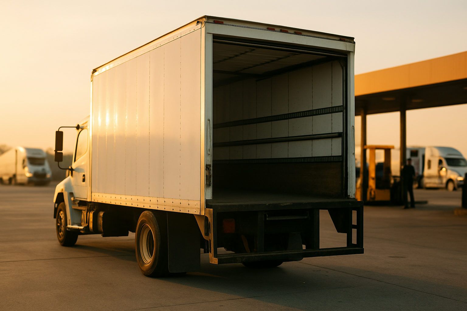A straight box truck with its roll up rear door raised at a commercial loading bay