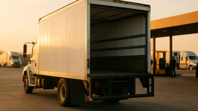 A straight box truck with its roll up rear door raised at a commercial loading bay