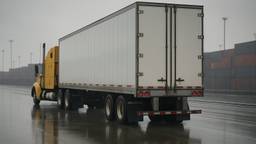 A conventional sleeper tractor coupled to a dry van trailer at a port container yard access road