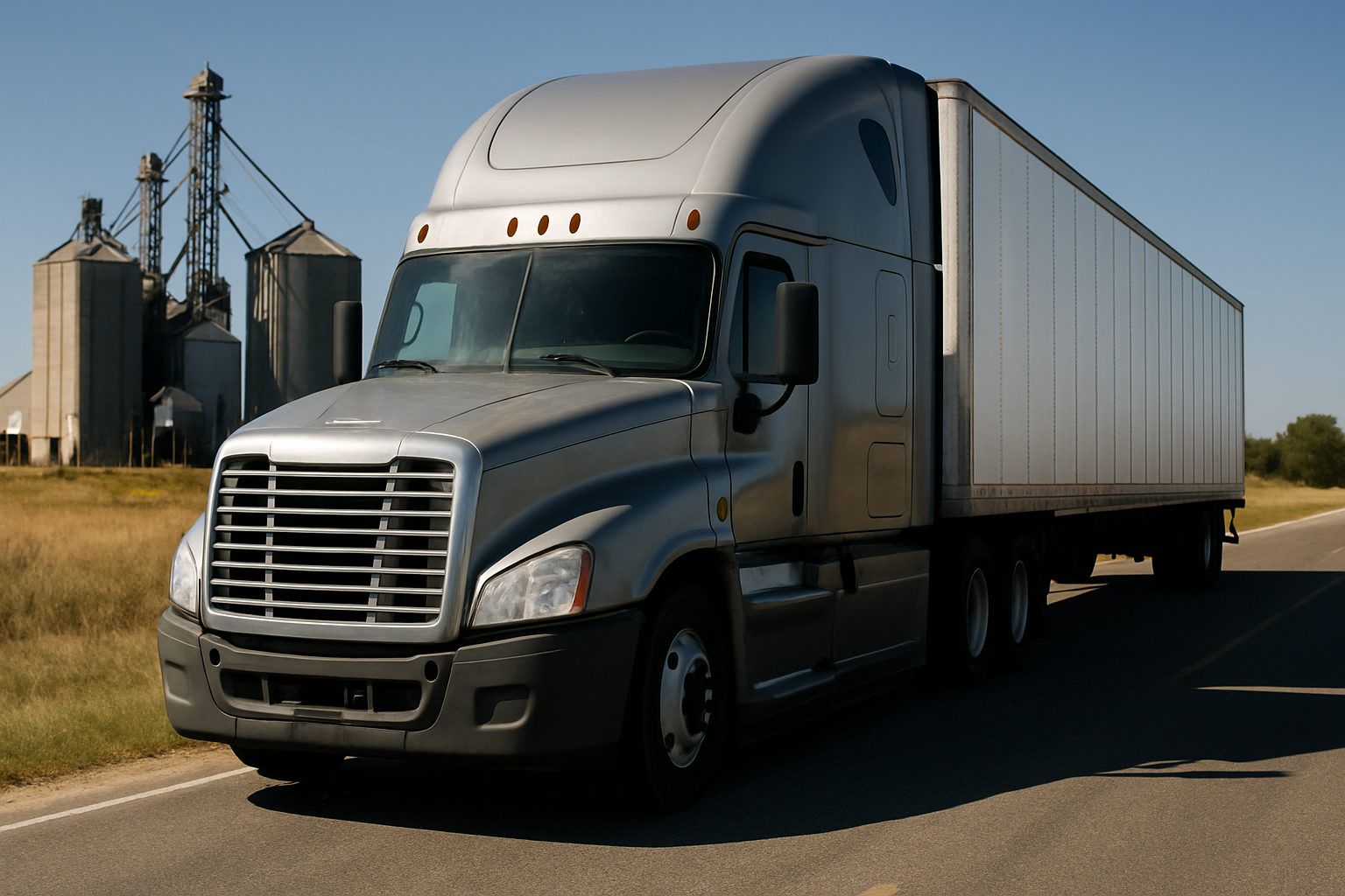 A conventional sleeper tractor coupled to a dry van trailer at a rural two lane highway with grain elevators behind